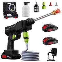 The Fellie Cordless Electric Pressure Washer, Portable Pressure Washer, Jet Washer Gun Kit With 2 * 21V 1500mAh Battery/2*Spray Nozzles/Hose, Car Wash Spray Gun for Car/Floor/Garden Cleaning, Green