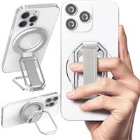 4-in-1 Magnetic Phone Grip Holder for MagSafe with Finger Strap Loop, Removable Phone Ring Holder for iPhone 16 Pro Max 15 14 13 12, Kickstand for Hands-Free Viewing at Home Work Plane - Silver