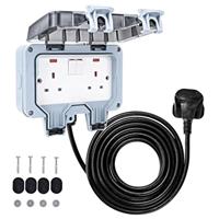 Outdoor Socket 2 Gang Waterproof Outdoor Double Socket with Extension Lead Switched Sockets Garden Power Socket External Mains Outlets IP66 Weatherproof