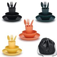 ReaNea Camping Mess Kit for 4 with Bowl, Plate, Cup, Spoon, Fork, Knife and Carry Bag, Plastic Camping Accessories Essentials Gear for Travel, Picnic, Outdoor, Easy to Carry & Store