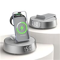 Wireless Charger iphone, Radio Alarm Clock with Wireless Charging Station, Bluetooth Speaker with Dimmable Night Light, 18W Fast Charger Stand for iPhone and Samsung, Apple Watch, AirPods
