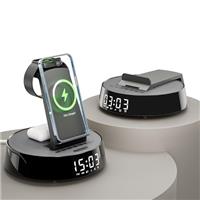 Wireless Charger iphone, Radio Alarm Clock with Wireless Charging Station, Bluetooth Speaker with Dimmable Night Light, 18W Fast Charger Stand for iPhone and Samsung, Apple Watch, AirPods