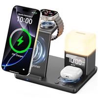 Augnner 6 in 1 Wireless Charging Station for iPhone with Alarm Clock & 3-Color Light, 15W Fast Charger for iPhone 16/15/14/13/12 Series, Compatible with Apple Watch1-10Airpods 4/3/2/Pro.