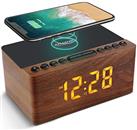 ANJANK Bedside Wooden FM Radio Alarm Clock,10W Super Fast Wireless Charger Station for Iphone/Samsung Galaxy,USB Charging Port, 5 Level Digital Dimmable Led Display,Mains Powered with Backup Battery