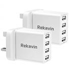 Rekavin 2 Pack USB Plug Charger, 4 Port Multi USB Plug Adapter UK 25W/5A Wall Charger Mains with Smart IC Fast Charging for iPhone 11 pro Max XS XR X SE2020 10 8 7 6 ipad,Samsung S10 S9 S8 S7,Huawei