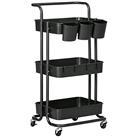 HOMCOM 3 Tier Utility Rolling Cart, Kitchen Cart with 3 Removable Mesh Baskets, 3 Hanging Box, 4 Hooks and Dividers for Living Room, Laundry, Garage, Black