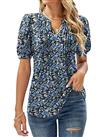EFFAN Womens V Neck Tops Puff Short Sleeve T-Shirt Pleated Floral Printed Tunic Blouse Shirts