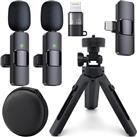 Wireless Microphones for iPhone iPad and Android USB C and Ligthening with Tripod and Leather Case, Clip on Lapel Lavalier Bluetooth Microphone for Video Recording, TikTok, Live Streaming - 2 Mics