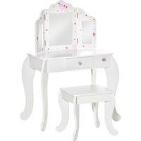 HOMCOM Kids Vanity Table & Stool Girls Dressing Set Make Up Desk Chair Dresser Play Set with Rotatable Mirrors Drawer Star & Heart Pattern White