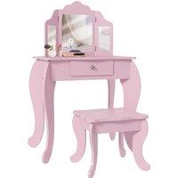 HOMCOM Kids Vanity Table and Chair Set with Tri-Folding Mirror and Stool, Makeup Dressing Table with Drawer, Pink