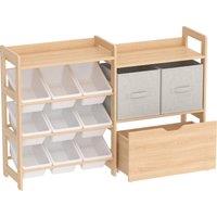 AIYAPLAY Wooden Toy Storage Unit with Rolling Toy Chest, 2 Fabric Drawers, 2 Shelves and 9 Bins for Bedroom, Playroom, Nursery