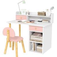 AIYAPLAY 2 Pieces Children Study Table with Hutch, Kids Desk and Chair Set with Storage Drawer, Shelves - Pink