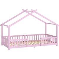 AIYAPLAY Wooden Kids House Single Bed Frame, Solid Pine Wood Toddler Bed with Dual Guardrails for Children, Boys, Girls, Pink