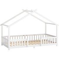 AIYAPLAY Wooden Kids House Single Bed Frame, Solid Pine Wood Toddler Bed with Dual Guardrails for Children, Boys, Girls, White