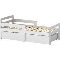 AIYAPLAY Wooden Kids Bed Frame with 2 Storage Drawers and Guard Rails for Ages 4-14, 144 x 76 x 57 cm (No Mattress), Grey