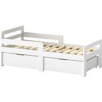 AIYAPLAY Wooden Kids Bed Frame with 2 Storage Drawers and Guard Rails for Ages 4-14, 144 x 76 x 57 cm (No Mattress), White