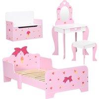 ZONEKIZ 4PCs Kids Bedroom Furniture Set with Bed, Toy Box Bench, Dressing Table and Stool, Princess Themed, for 3-6 Years Old, Pink Aosom UK