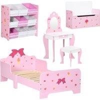 ZONEKIZ 5PCs Kids Bedroom Furniture Set w/ Bed, Toy Box Bench, Storage Unit, Dressing Table, Stool, Princess Themed for 3-6 Years Old, Pink Aosom UK