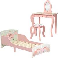 ZONEKIZ Toddler Bed Frame, Kids Dressing Table with Mirror and Stool, Cute Animal Design Kids Furniture Set for Ages 3-6, Pink Aosom UK