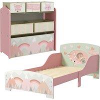 ZONEKIZ Toddler Bed Frame, Kids Storage Shelf Unit with 6 Fabric Bins for Ages 3-6 Years, Pink Aosom UK