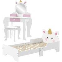 ZONEKIZ Unicorn Themed Children's Bedroom Set with Dressing Table, Mirror, Stool, and Toddler Bed Frame, 3-6 Years, Multicolour Aosom UK