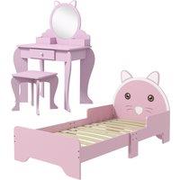 ZONEKIZ Wooden Children's Bedroom Set with Dressing Table, Stool, Bed, Cat Motif for Ages 3-6, Multicolour Aosom UK