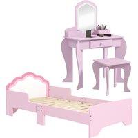 ZONEKIZ Cloud-Design Wooden Bedroom Furniture Set for Kids, Includes Dressing Table, Stool, Bed, 3-6 Years Aosom UK
