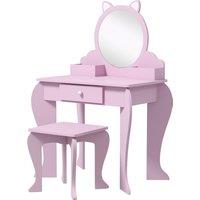 ZONEKIZ Children's Vanity Set with Mirror, Stool, Cat Theme, Drawer, Organiser Boxes for Ages 3-6, Pink Aosom UK