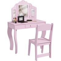 AIYAPLAY Kids Dressing Table Sets with Stool and Tri-Fold Mirror, Drawer for Playroom, Bedroom - Pink Aosom UK
