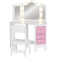 AIYAPLAY Kids Dressing Table and Stool Set, Girls Vanity Table with 2-Colour LED Lights, Tri-Folding Mirror, White