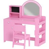 AIYAPLAY Kids Vanity Table and Chair Set, Girls Dressing Table with 2-Colour LED Mirror, Stool, Cabinet, Drawer, Shelves, Pink