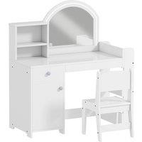 AIYAPLAY Kids Vanity Table and Chair Set, Girls Dressing Table with 2-Colour LED Mirror, Stool, Cabinet, Drawer, Shelves, White