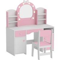 AIYAPLAY Kids Vanity Set, Girls Dressing Table with Stool, 2-Colour Lights Mirror, Cabinet, Drawer and Shelves, Pink
