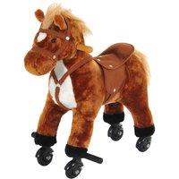 HOMCOM Plush Rocking Horse: Wooden Action Pony with Wheeled Walking, Riding & Sound, Brown Aosom UK