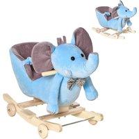 HOMCOM 2 In 1 Plush Baby Ride on Rocking Horse Elephant Rocker with Wheels Wooden Toy for Kids 32 Songs (Blue)