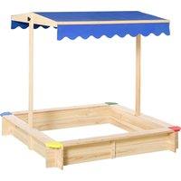 Outsunny Kids Wooden Sandpit Children Cabana Square Sandbox Outdoor Backyard Playset Play Station Adjustable Canopy Bench Seat 120x120x120cm