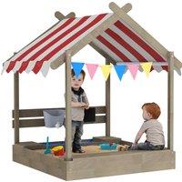 Outsunny House-Designed Wooden Sandbox, Outdoor Sandpit, with Blackboard, Toys, Sink, Seats, Flags, for Ages 3-7 Years - Grey