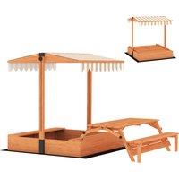 AIYAPLAY Kids Sand Pit with Lid, Wooden Sandpit with Canopy, Foldable Picnic Table, Bench Seats, Bottom Liner for Patio Garden