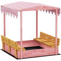 AIYAPLAY Wooden Sandbox with Lid, Flamingos Print Canopy, Kids Outdoor Sand Pit with Foldable Bench Seats, Bottom Liner, Pink
