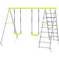 Outsunny 4 in 1 Metal Garden Swing Set with Double Swings Climber Climbing Net Green