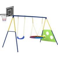 AIYAPLAY 4-in-1 Kids Swing Set with Saucer Swing, Basketball Hoop and Football Goal, Outdoor Playground Playset for Garden