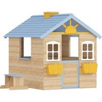 Outsunny Wooden Playhouse, Wendy House w/ Door, Bench, Flowerpot Holder, For Ages 3-7 Years, Blue