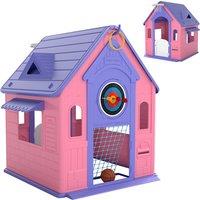 AIYAPLAY 5-in-1 Playhouse for Kids Outdoor Indoor with Basketball Hoop, Football Goal, Dartboard, Ring Toss for 2-5 Years, Pink