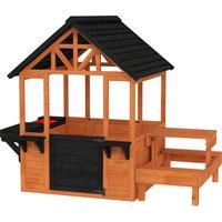 AIYAPLAY Wooden Playhouse Playhouse for Kids with Table, Benches, Sink Table, Windows, Flowerpot Holders, for Ages 3-8, Brown