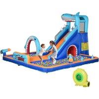Outsunny 6 in 1 Shark-Themed Bouncy Castle, Inflatable Water Park, with Slide, Pool, Trampoline, Blo