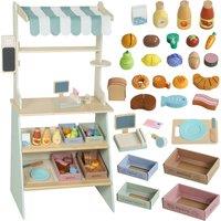 AIYAPLAY Wooden Toy Shop, Wooden Market Stall with Cash Register, Blackboard and Toy Food, 4 Storage Boxes, Ages 3+, Green