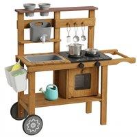 AIYAPLAY Wooden Mud Kitchen with Wheels, Stove, Faucet, Flower Pots, Stainless Steel Accessories for Toddlers 3-6, Brown