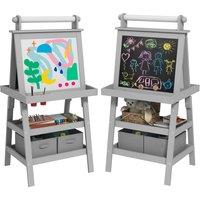 AIYAPLAY 3 in 1 Kids Easel Double-Sided Magnetic Whiteboard and Chalkboard with Paper Roll, Storage Baskets - Grey Aosom UK