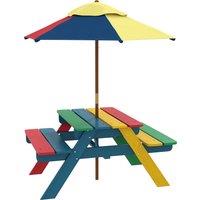 Outsunny Wooden Kids Table and Chair Set with Removable Parasol, for Ages 3-6 Years - Multicoloured