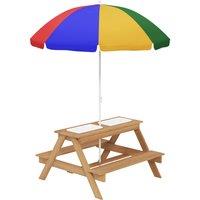 AIYAPLAY Kids Picnic Table, Sand and Water Table with Wooden Benches, Adjustable Parasol and Storage Bins, Multicolour